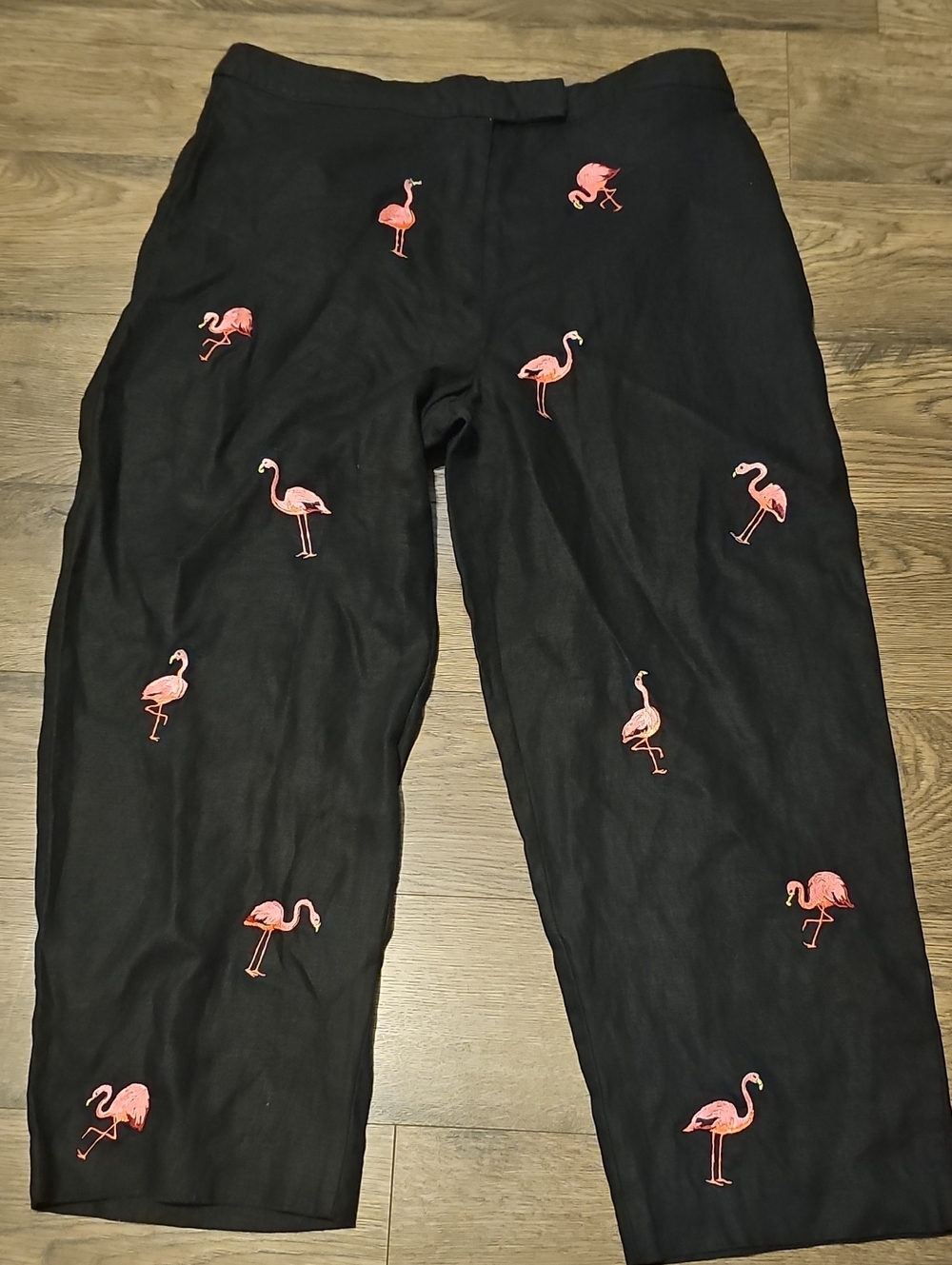 100% Linen Flamingo Black Wide Leg Pants Size 16 Embroidery Deane White